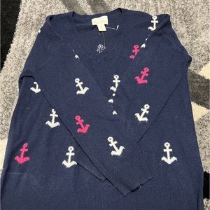 CYNTHIA ROWLEY 100% 2-Ply Cashmere Navy with Anchor Prints Sweaters